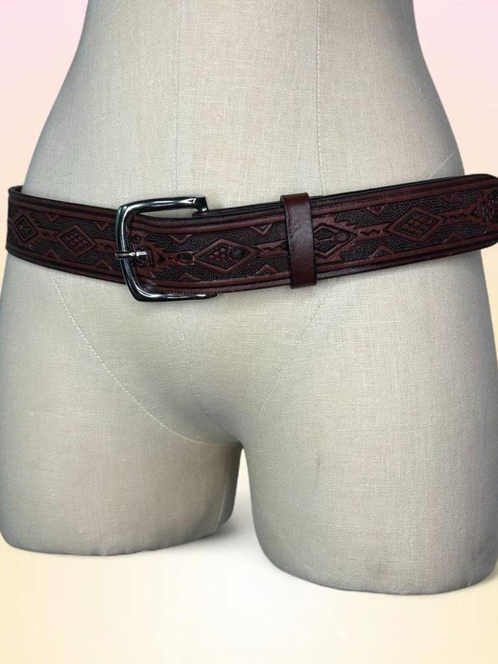 Men's Western Brown Embossed Leather Cowboy Belt with Silver Buckle